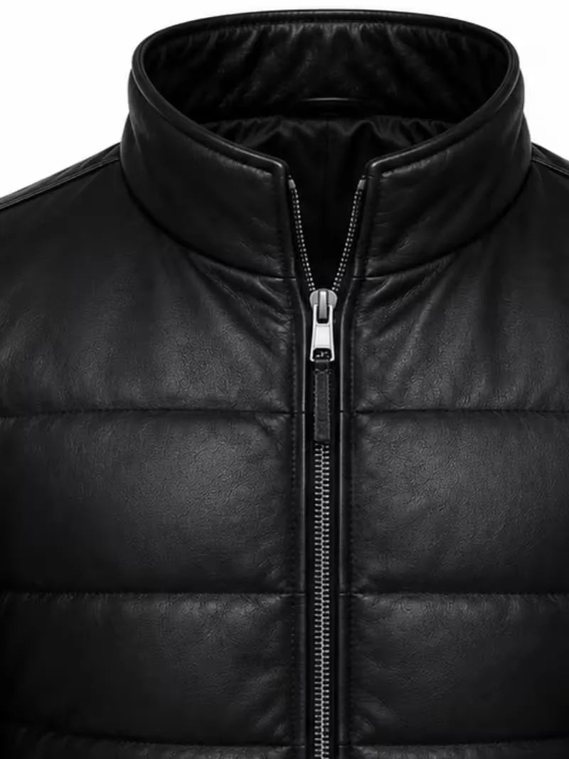 Men's black parachute leather jacket, full length