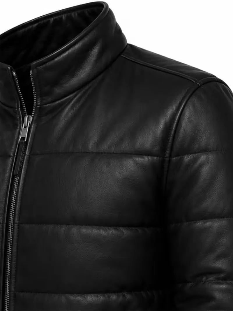 Men's black parachute leather jacket, worn on model