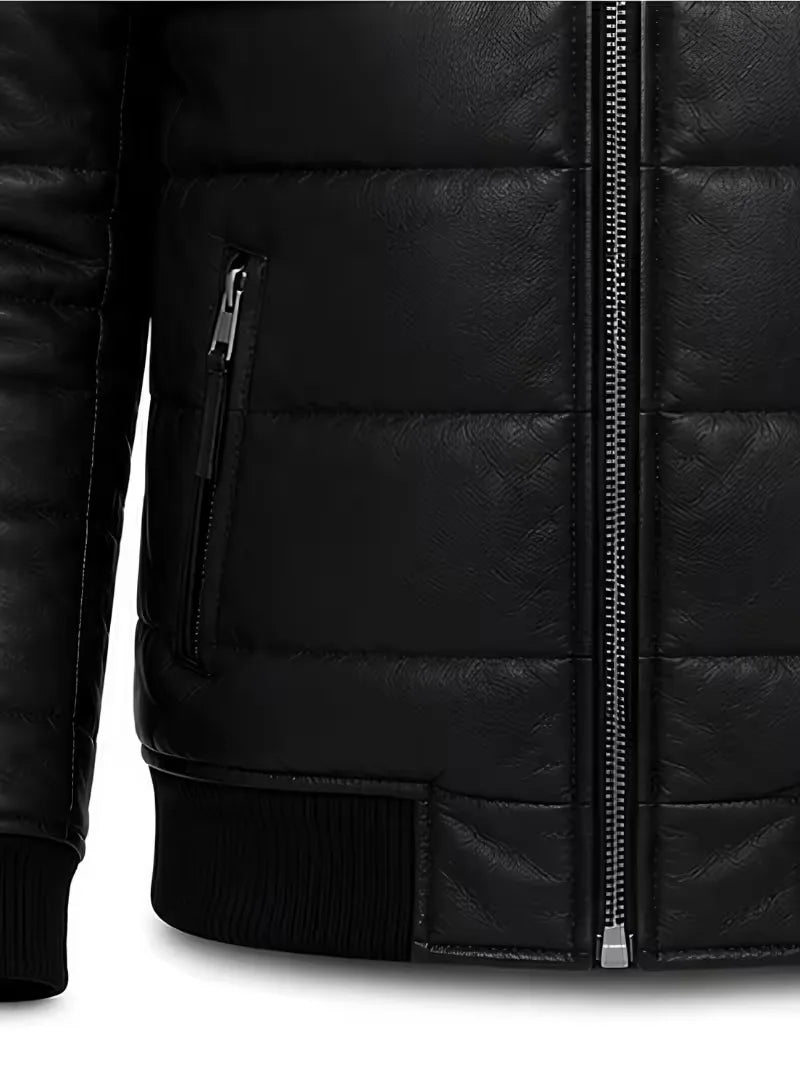 Men's black parachute leather jacket, front view