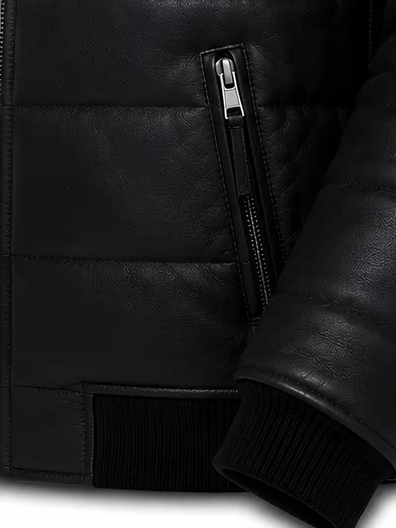 Men's black parachute leather jacket, back view
