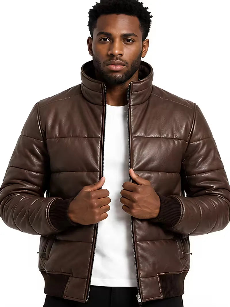 Men's black parachute leather jacket, zip and closure detail