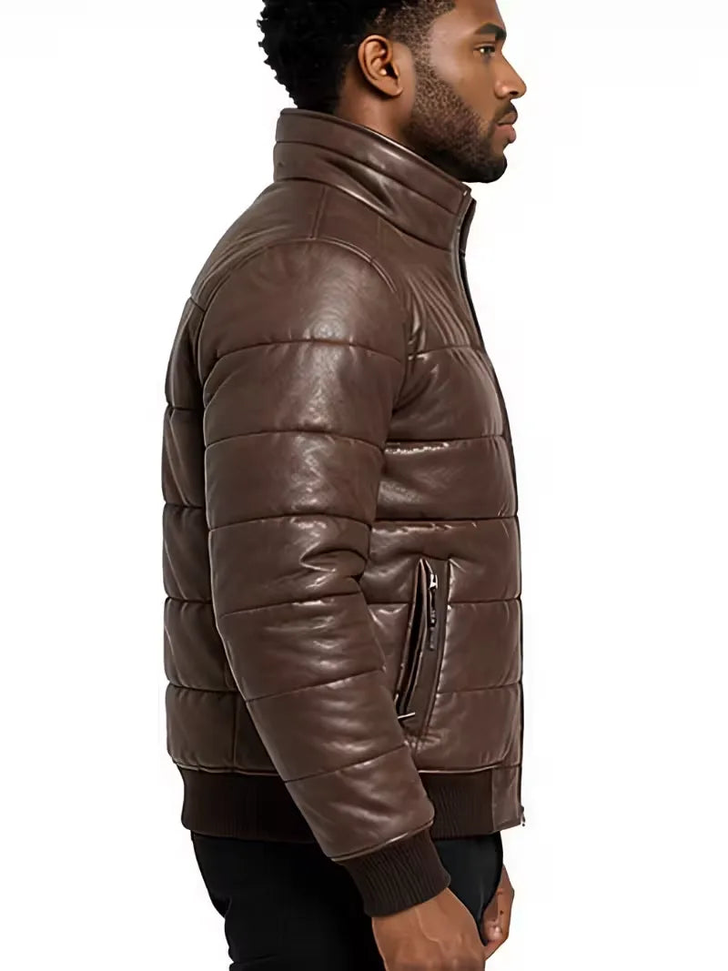 Men's black parachute leather jacket, pocket detail