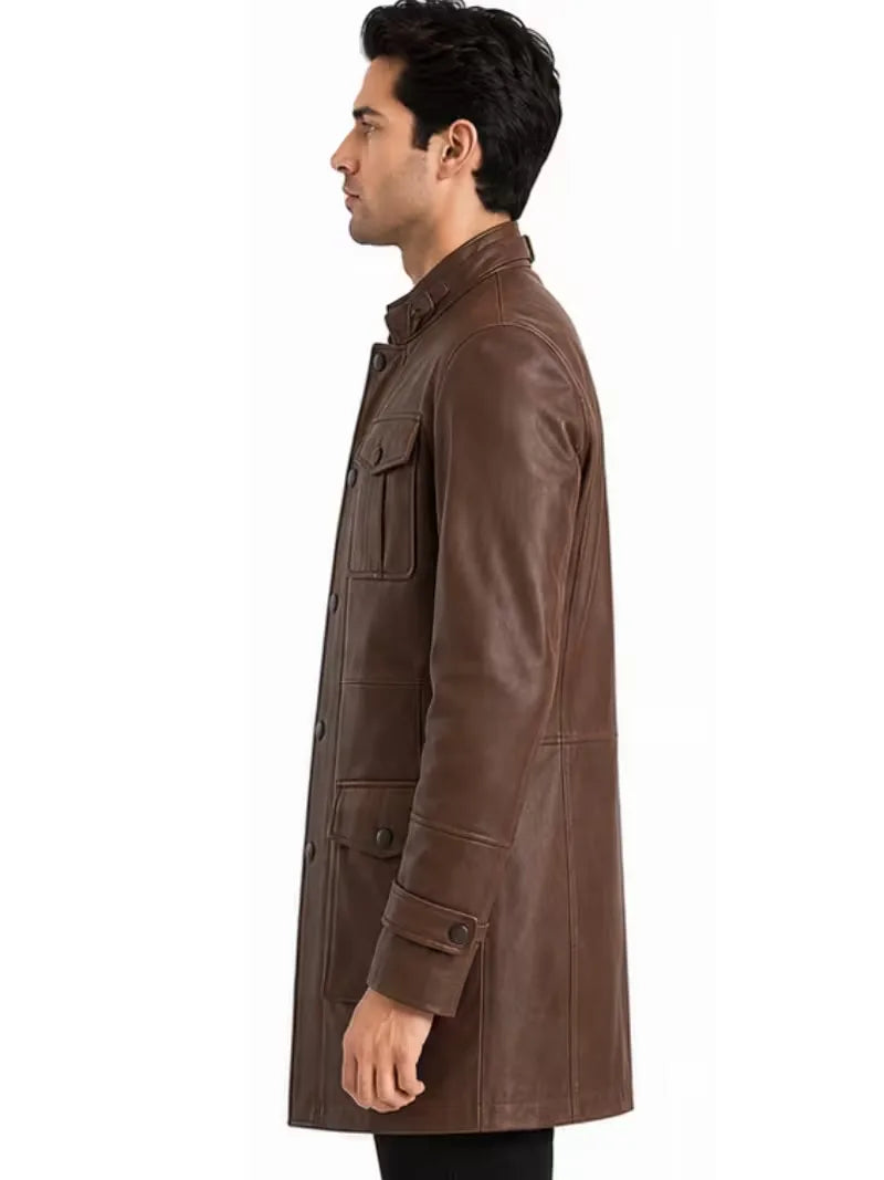 Men's black sheepskin leather jacket, pocket detail