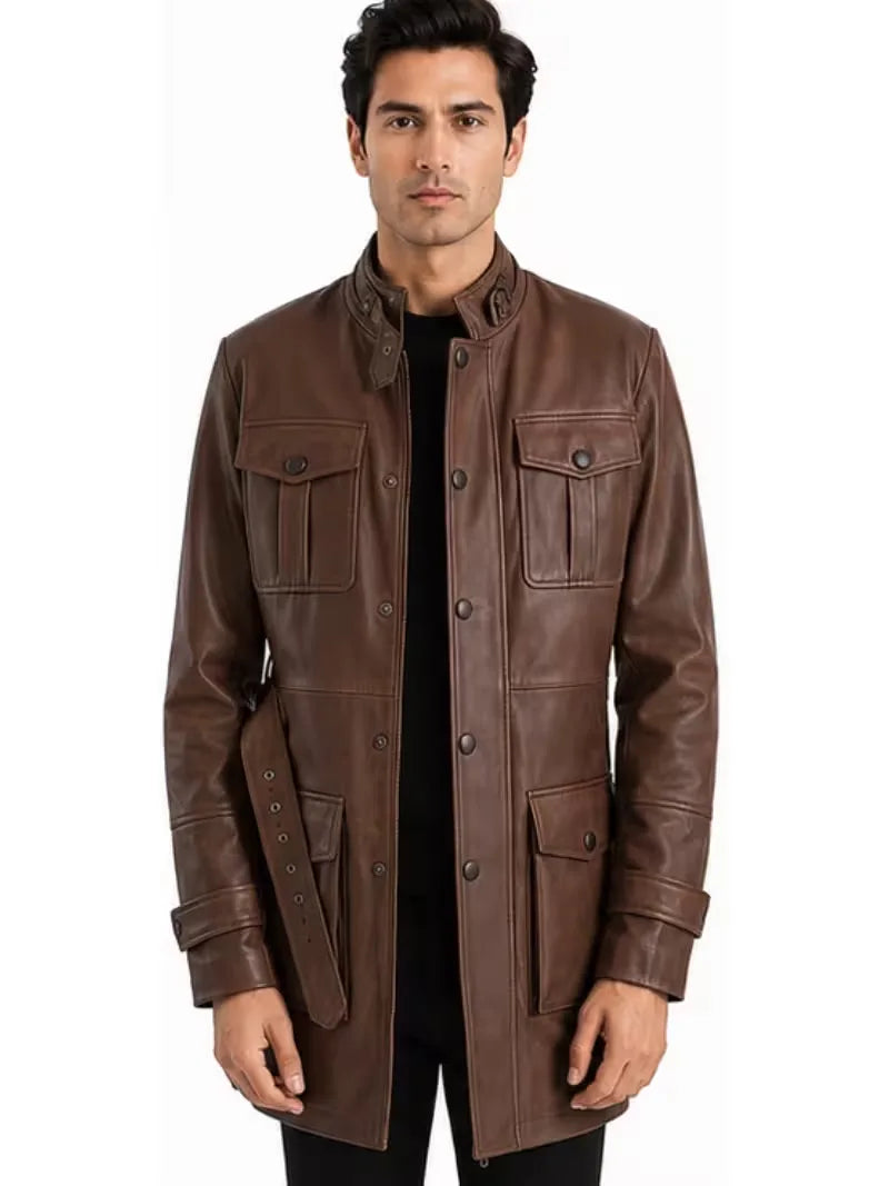 Men's Black Sheepskin Leather Jacket with Stand Collar and Front Zip Closure with Snap Button Placket