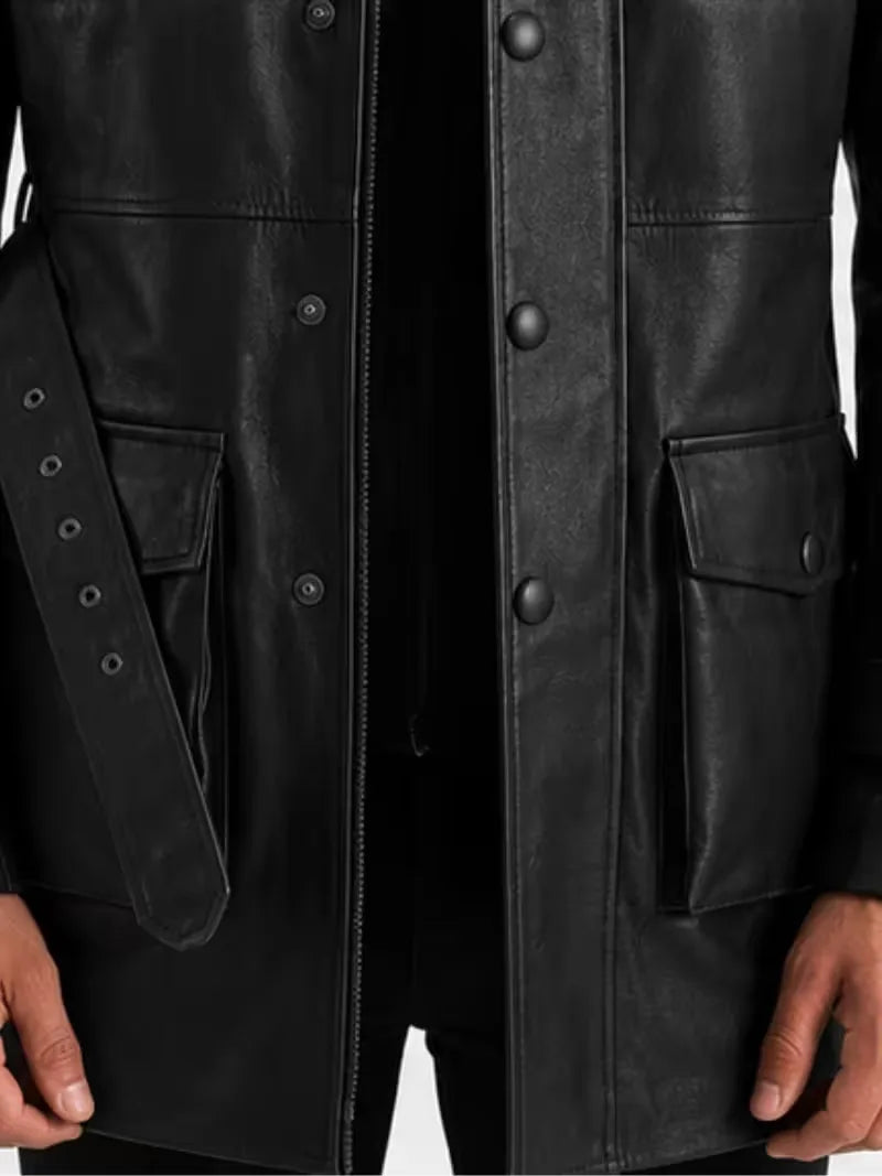 Men's black sheepskin leather jacket, zip and closure detail