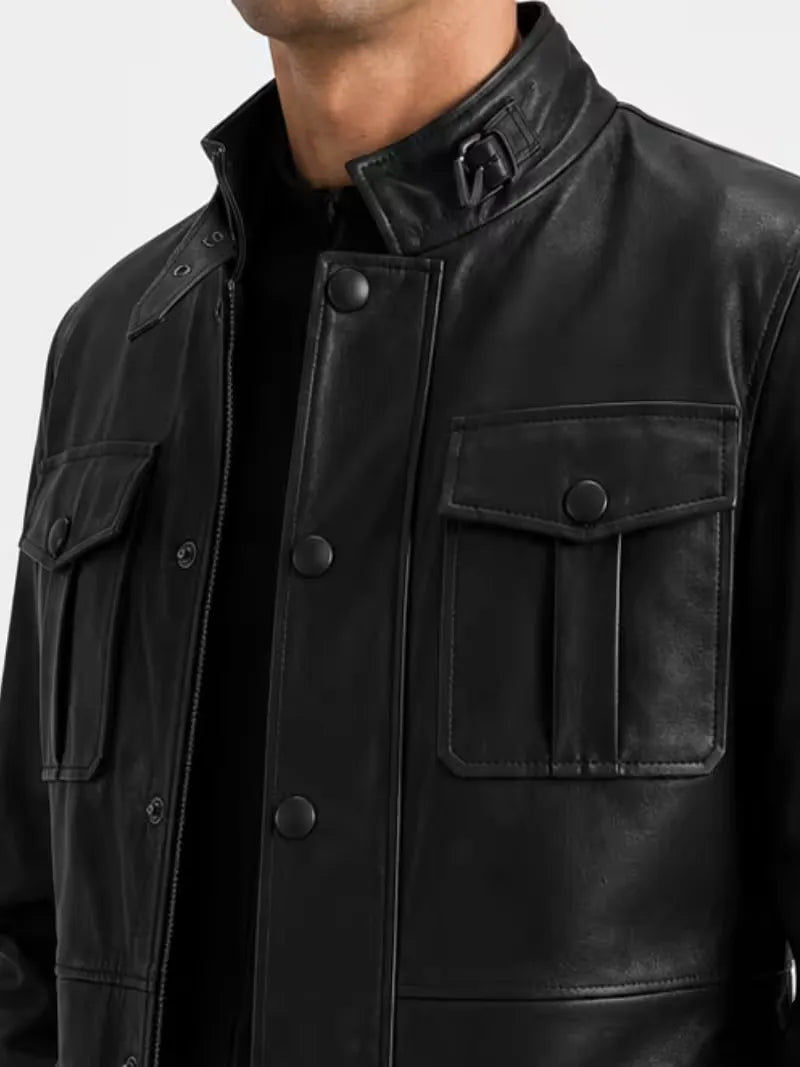 Men's black sheepskin leather jacket, collar detail