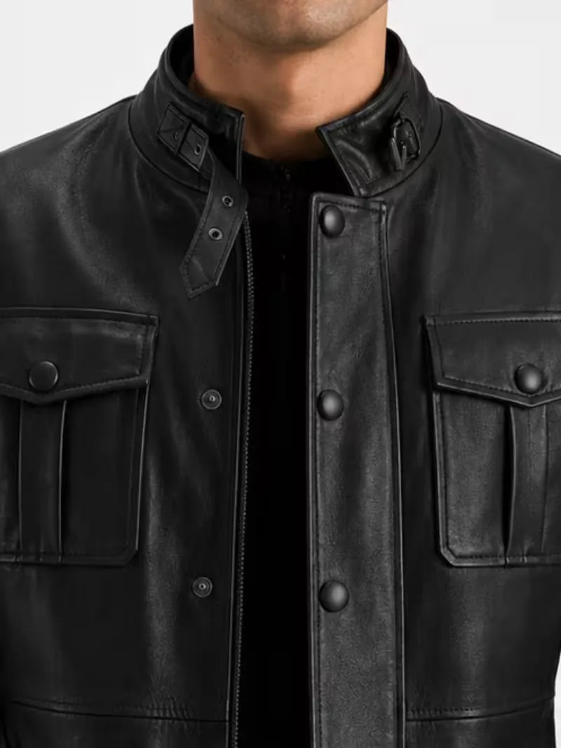 Men's black sheepskin leather jacket, side view