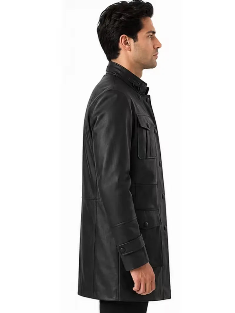 Men's black sheepskin leather jacket, collar detail