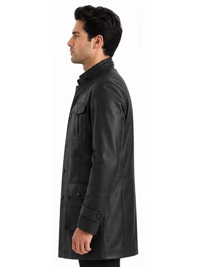 Men's black sheepskin leather jacket, side view