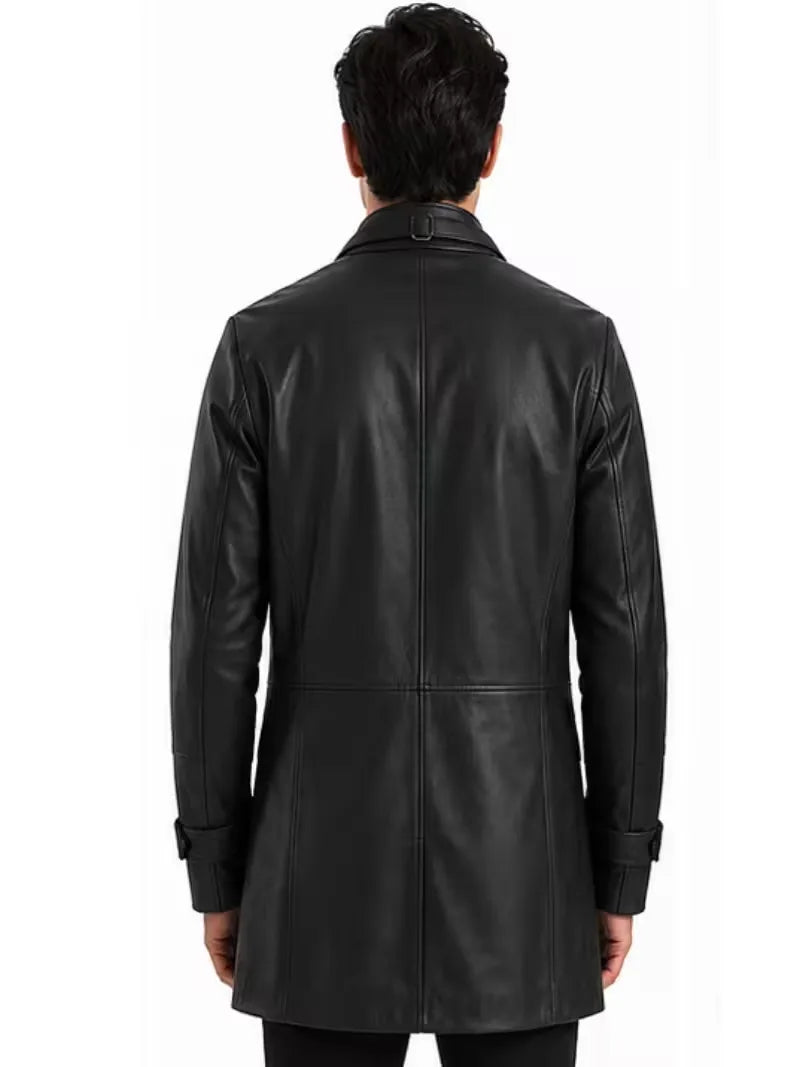 Men's black sheepskin leather jacket, back view