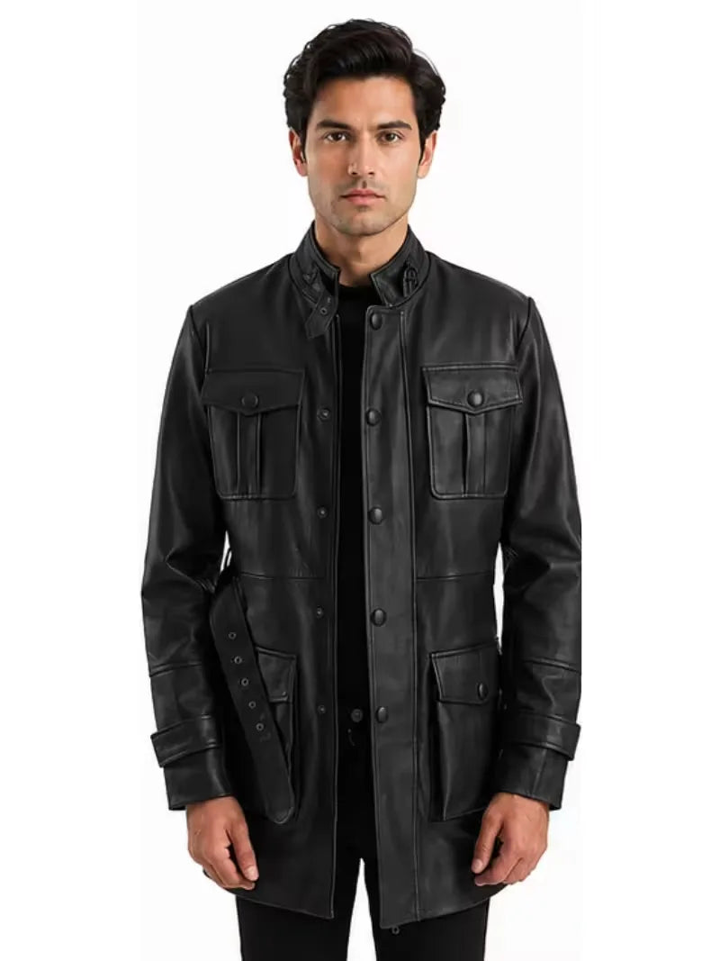 Men's black sheepskin leather jacket, front view