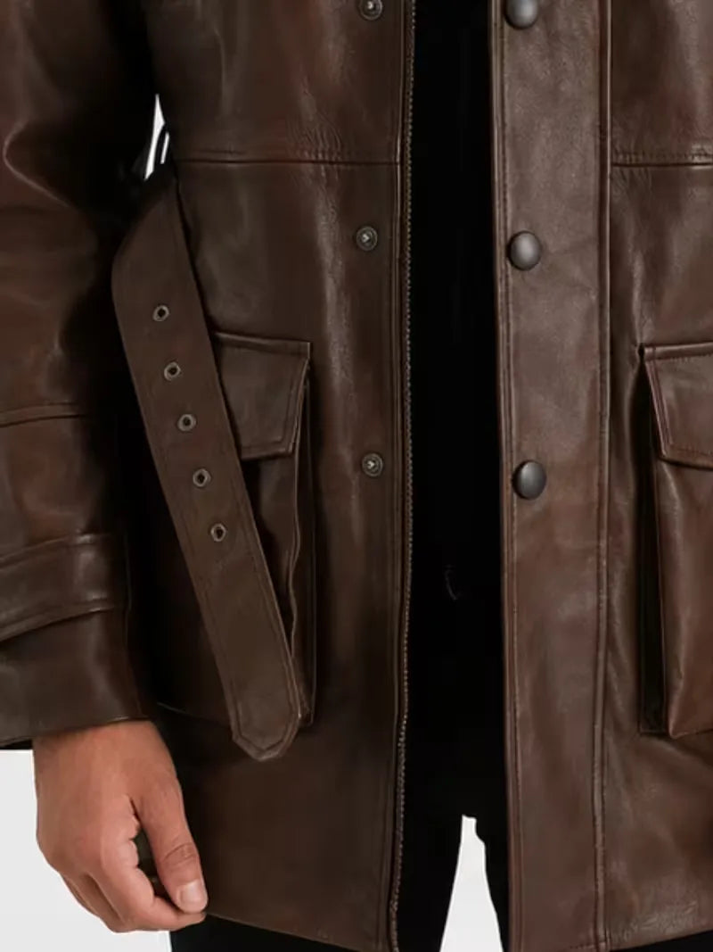 Men's black sheepskin leather jacket, front view