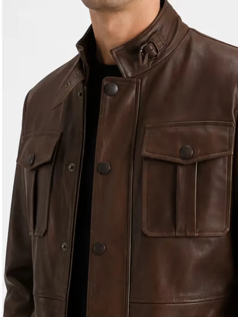 Men's black sheepskin leather jacket, worn on model