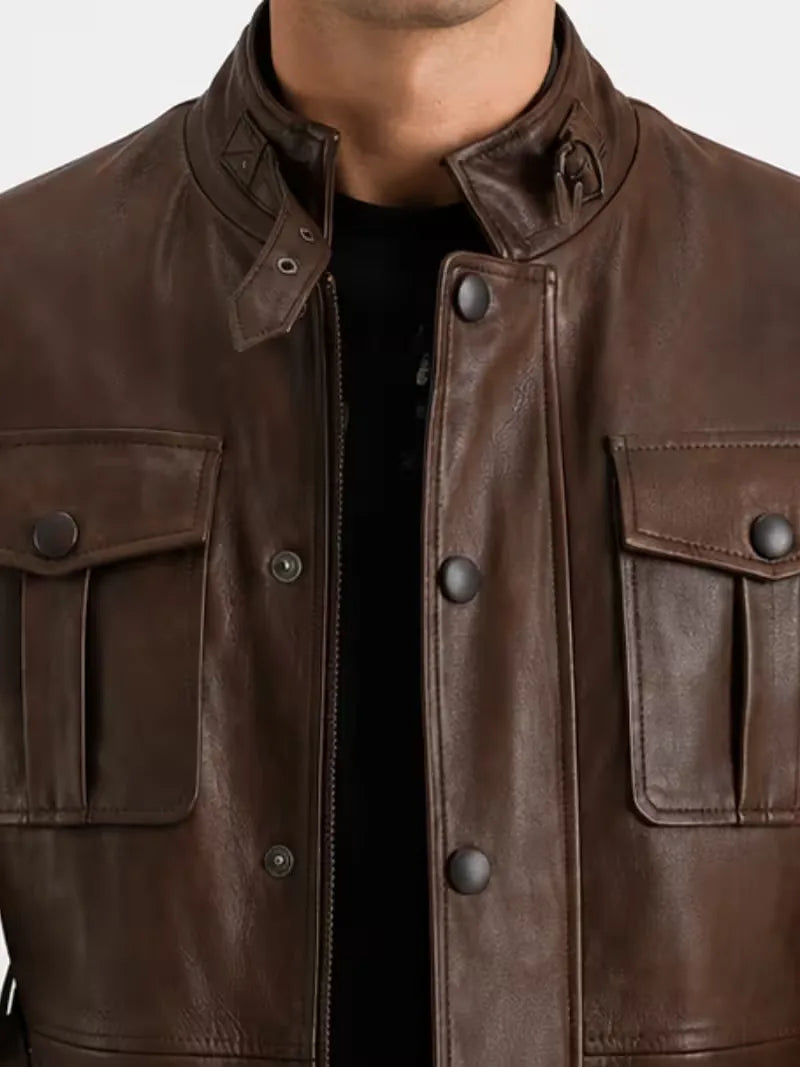 Men's black sheepskin leather jacket, full length