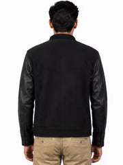 Men's black suede body with sleeves leather bomber jacket, collar detail