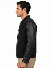 Men's black suede body with sleeves leather bomber jacket, side view