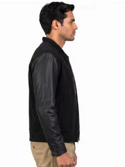Men's black suede body with sleeves leather bomber jacket, back view