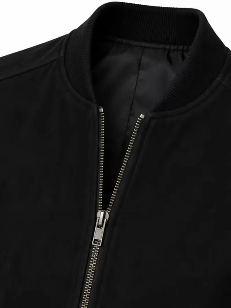 Men's black suede body with sleeves leather bomber jacket, zip and closure detail