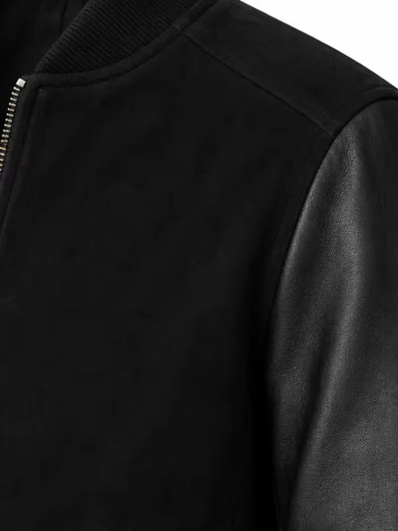 Men's black suede body with sleeves leather bomber jacket, cuff detail