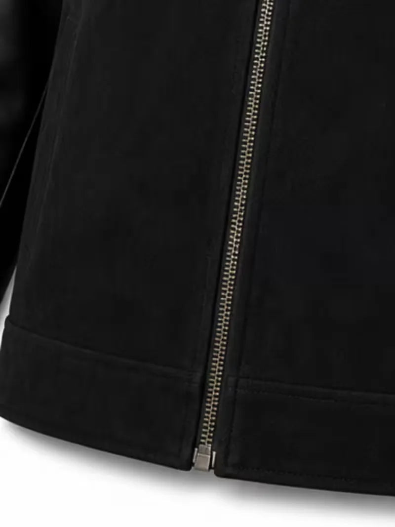 Men's black suede body with sleeves leather bomber jacket, pocket detail