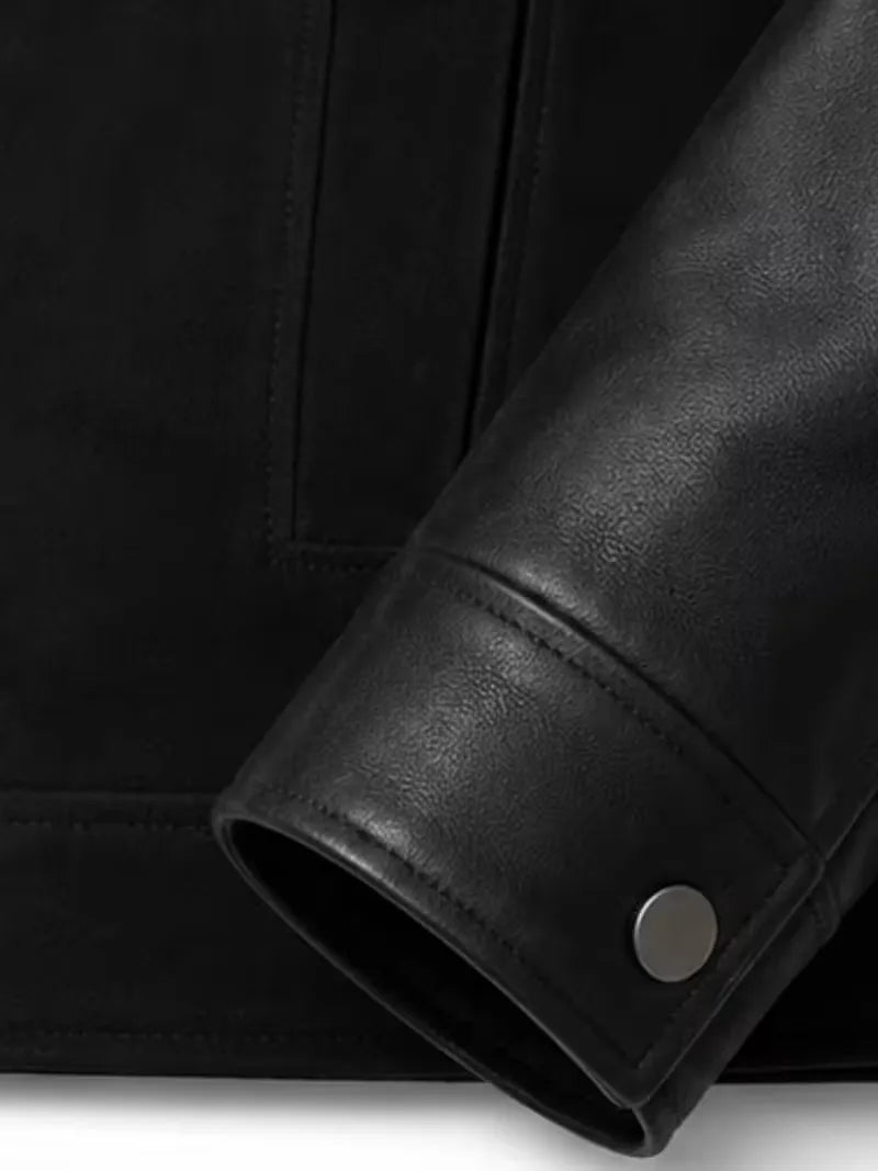Men's black suede body with sleeves leather bomber jacket, lining detail