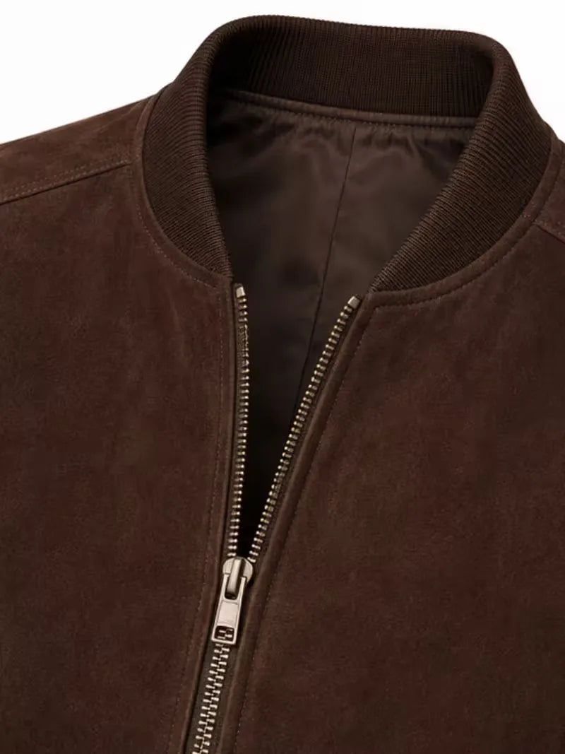 Men's black suede body with sleeves leather bomber jacket, cuff detail