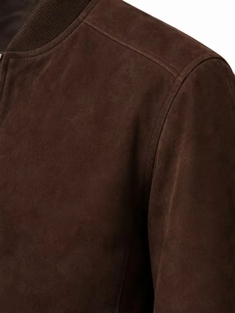 Men's black suede body with sleeves leather bomber jacket, zip and closure detail