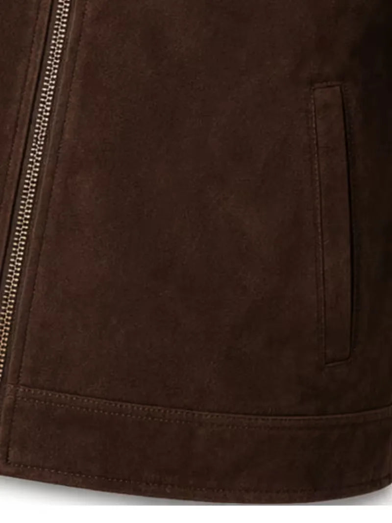 Men's black suede body with sleeves leather bomber jacket, side view