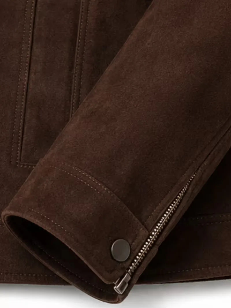 Men's black suede body with sleeves leather bomber jacket, collar detail