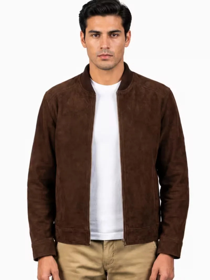Men's black suede body with sleeves leather bomber jacket, full length
