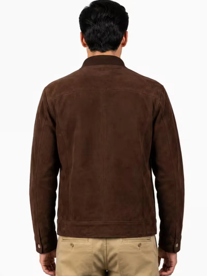 Men's black suede body with sleeves leather bomber jacket, worn on model