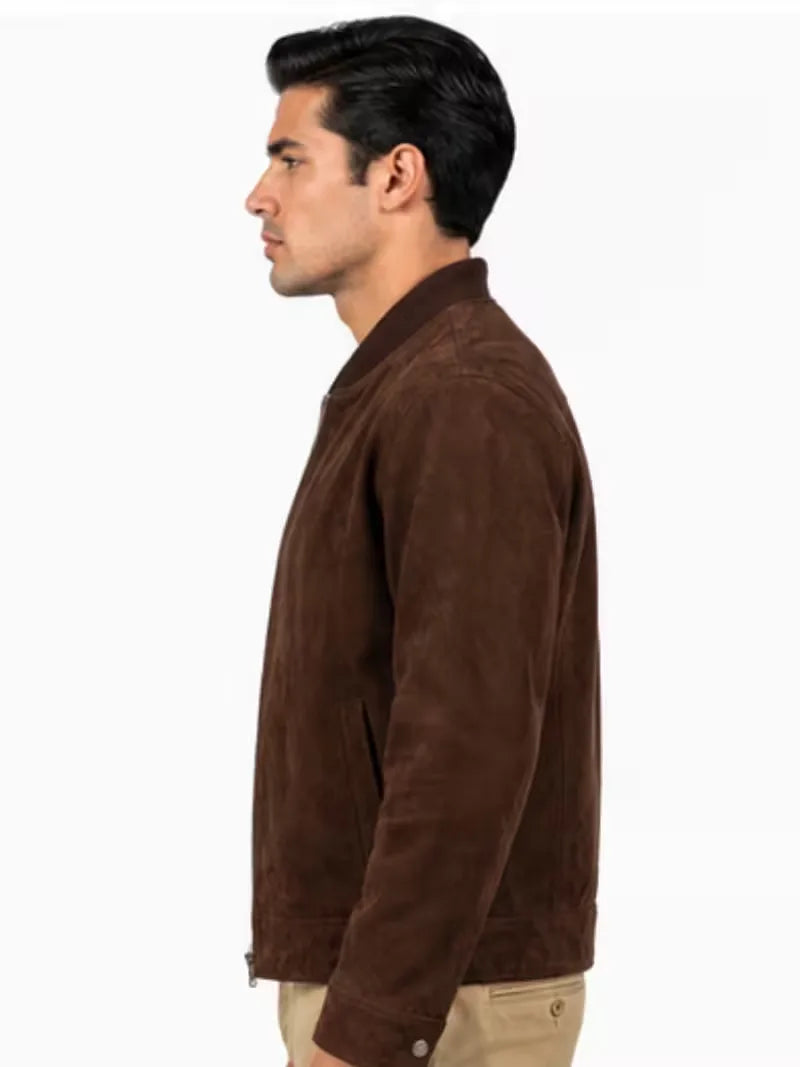 Men's black suede body with sleeves leather bomber jacket, front view