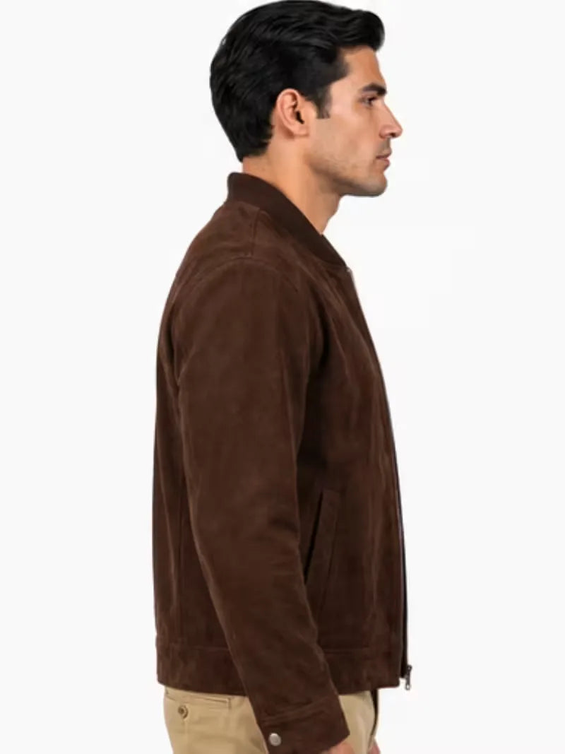 Men's black suede body with sleeves leather bomber jacket, back view