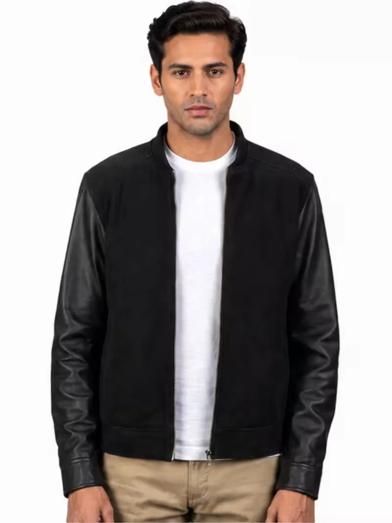 Men's black suede body with sleeves leather bomber jacket, front view