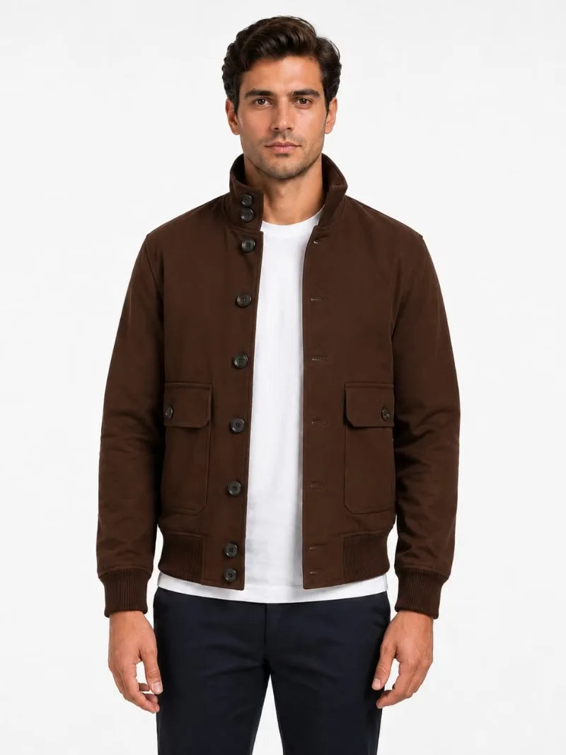 Men's brown leather suede leather jacket, side view