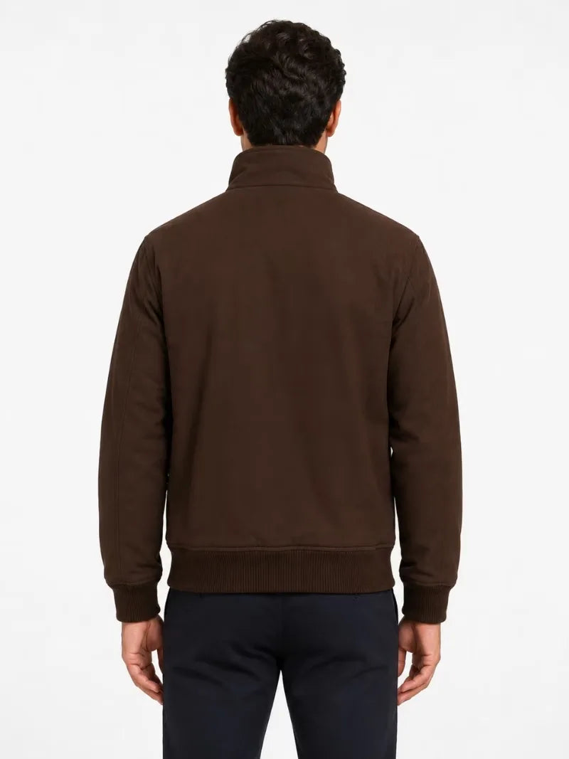 Men's brown leather suede leather jacket, collar detail
