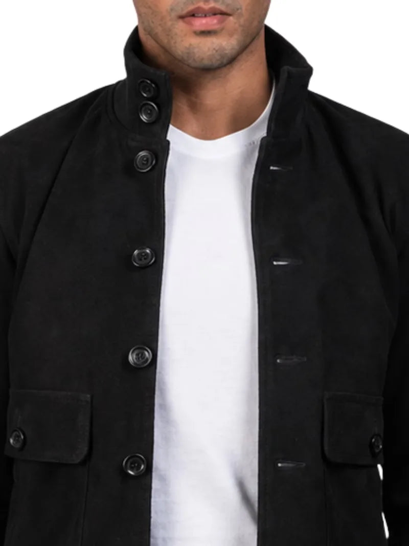 Men's brown leather suede leather jacket, zip and closure detail