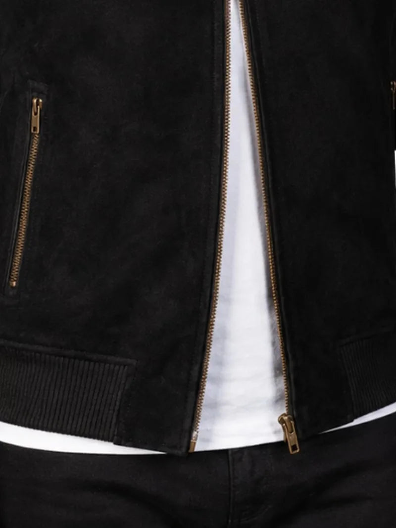 Men's brown sheepskin suede leather jacket, pocket detail