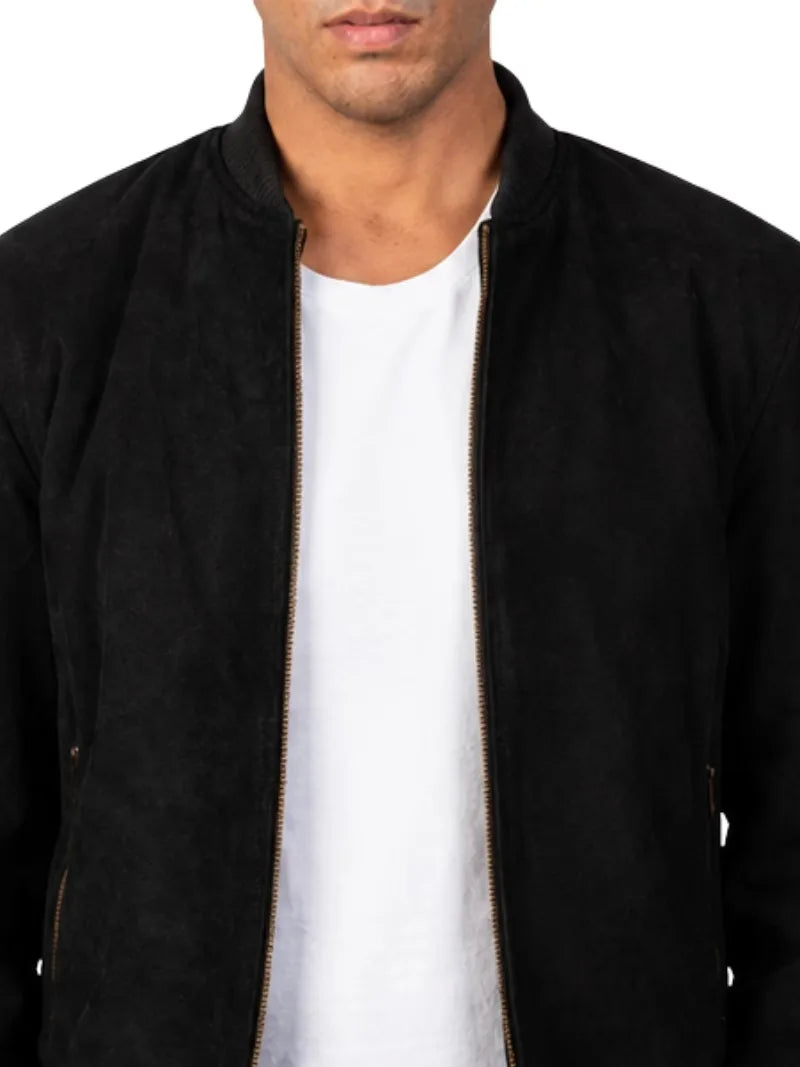 Men's brown sheepskin suede leather jacket, zip and closure detail