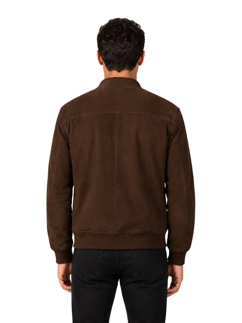 Men's brown sheepskin suede leather jacket, collar detail