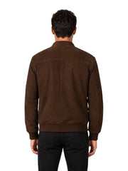 Men's brown sheepskin suede leather jacket, collar detail