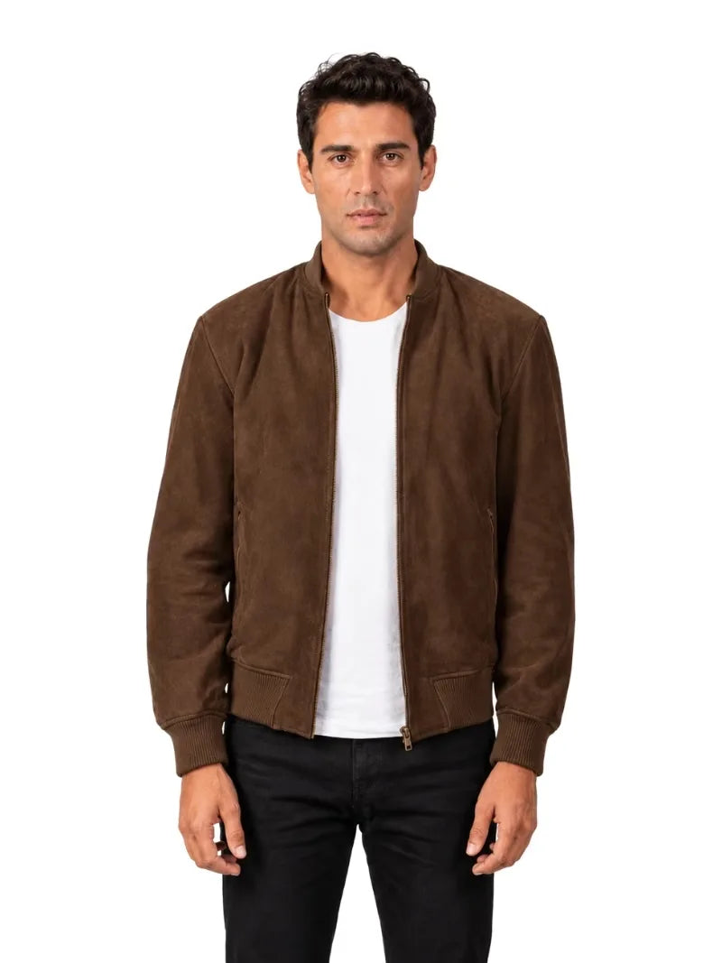 Men's brown sheepskin suede leather jacket, side view