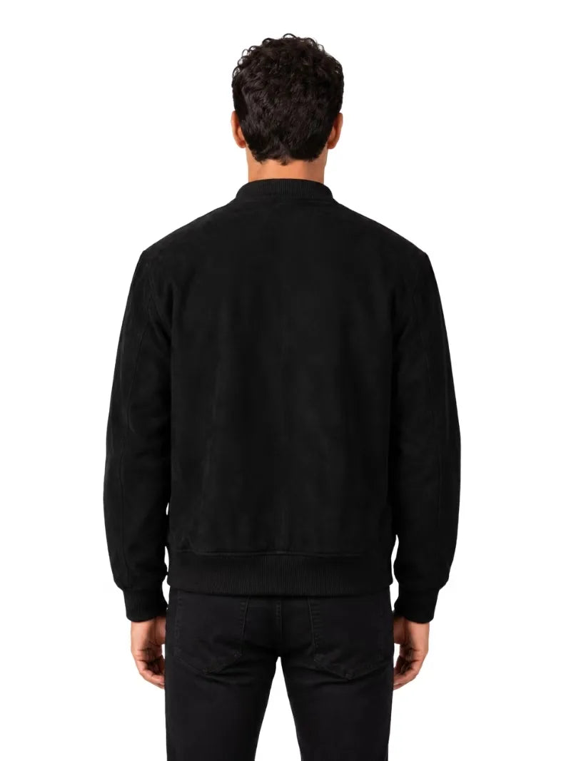 Men's brown sheepskin suede leather jacket, back view