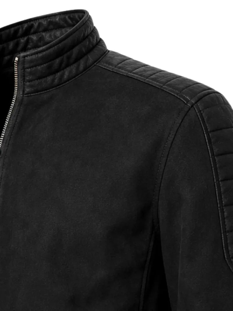 Men's black sheepskin suede leather jacket, cuff detail