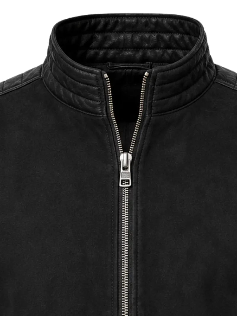 Men's black sheepskin suede leather jacket, zip and closure detail