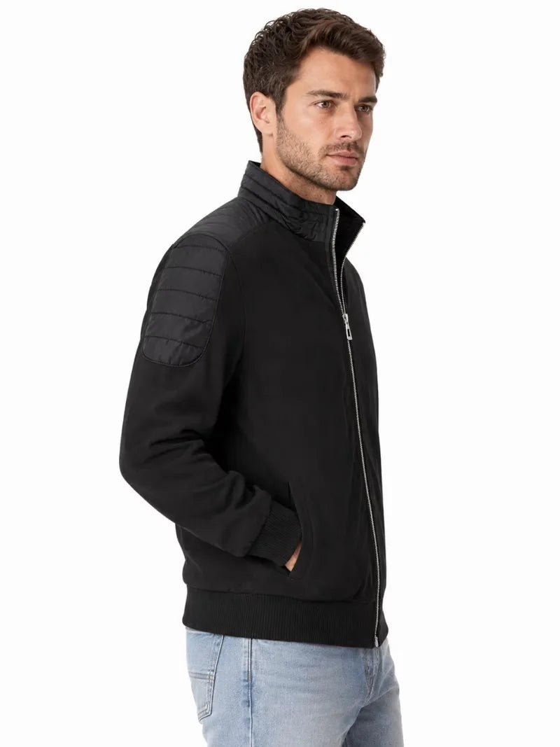Men's black sheepskin suede leather jacket, side view