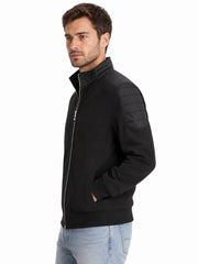 Men's black sheepskin suede leather jacket, collar detail