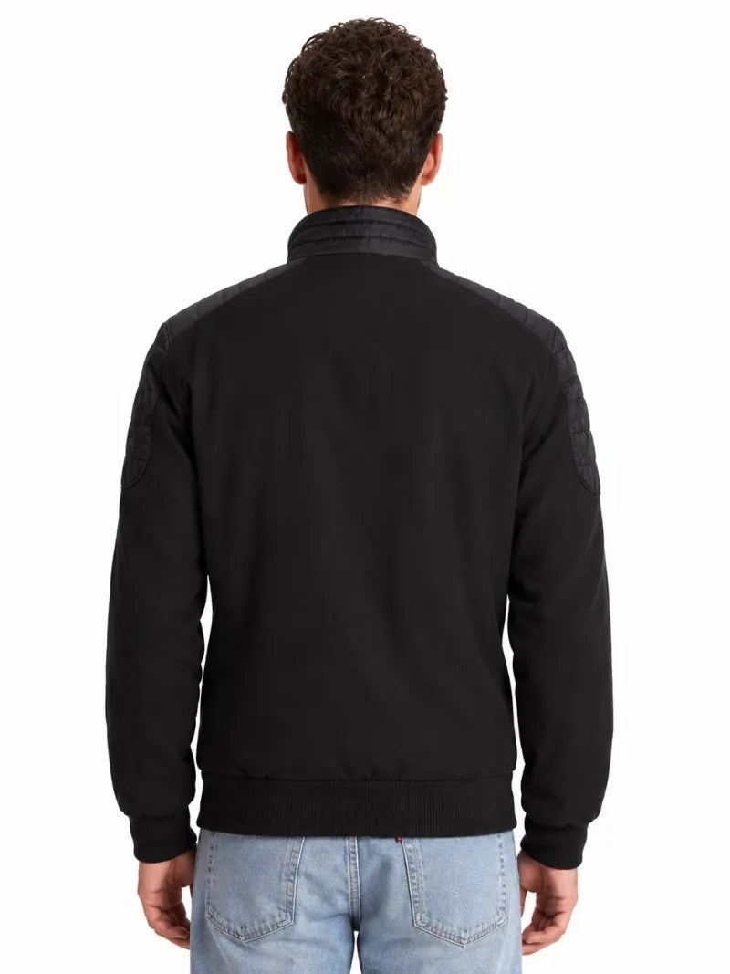 Men's black sheepskin suede leather jacket, back view