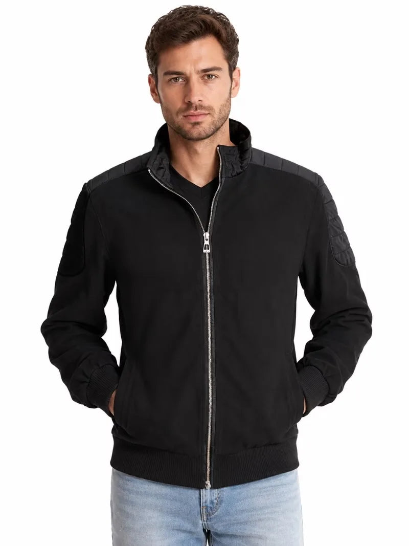 Men's black sheepskin suede leather jacket, front view