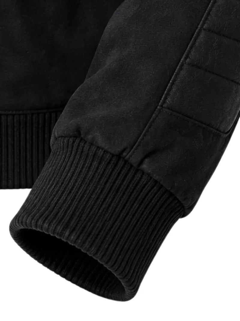 Men's black sheepskin suede leather jacket, lining detail